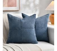 FDTERN Set of 2 Boho Cushion Covers for Sofa, 50 x 50 cm, Corduroy, Modern Soft Cross Pattern Decorative Cushion Covers for Sofa Bedrooms, Blue, EU29906