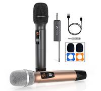 FDUCE Wireless Microphone, Karaoke Mic, UHF Dual Handheld Dynamic System with Rechargeable Receiver for Party, Church, Meeting, Wedding(Grey and Gold)