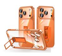 FDUJINH Clear Case for Iphone 17 Pro Max/17 Pro/17, Kickstand Wrist Strap Grip Protection Cover Camera Shockproof Plating Edge Shell,Orange,17 Pro Max