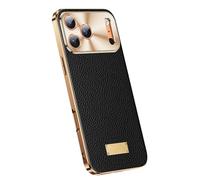 FDUJINH Genuine Leather Case for Iphone 17 Pro Max/17 Pro/Air/17, Metal Camera Hole Protection Cover Luxury Plating Slim Shell Business Style,Black,17 Pro