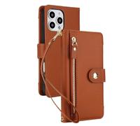 FDUJINH Wallet Case for Iphone 16 Pro Max/16 Pro/16 Plus/16, Leather Zipper Cover High Capacity Card Slot Holder Stand Wristband Strap Case,Brown,16 Pro Max