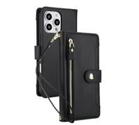 FDUJINH Wallet Case for Iphone 16 Pro Max/16 Pro/16 Plus/16, Leather Zipper Cover High Capacity Card Slot Holder Stand Wristband Strap Case,Black,16