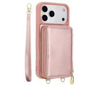 FDUJINH Wallet Case for Iphone 17 Pro Max/17 Pro/17 Air/17, Zipper Pocket Leather Crossbody Strap Cover Stand Function Wristrap Protection Case,Gold,17