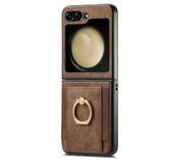 FDUJINH Wallet Case for Samsung Galaxy Z Flip 7, Elastic Card Slot Leather Protective Cover Metal Ring Holder Stand Shockproof Case,Brown,Flip 7