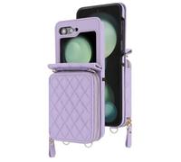 FDUJINH Wallet Case for Samsung Galaxy Z Flip 7, Stylish Leather Cover with Adjustable Strap, RFID Blocking Card Holder Crossbody Case,Purple,Flip 7