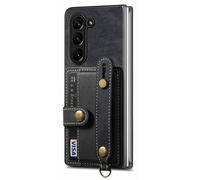 FDUJINH Wallet Case for Samsung Galaxy Z Fold 7, Adjustable Wrist Strap Stand Function Leather Cover Shockproof Protective Shell,Black,Fold 7