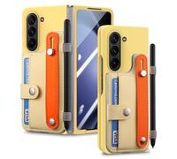 FDUJINH Wallet Case for Samsung Galaxy Z Fold 7, Built-In Screen Protector Phone Cover with Wristrap Stand Holder Shockproof Case,Yellow,Fold 7
