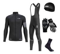 FDX All Day Men's Cycling Suit - Thermal Windproof, Lightweight, Super Roubaix Cycle kit, Fleece lining Clothing Set, Long Sleeve Jersey, 3D Padded Bib Tight for Bicycle Riding All day (Black),L