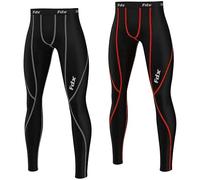 FDX Men’s Compression Tights, Highly Breathable, Lightweight Leggings, Elastic Cool Quick Dry Base Layer Bottom Trouser All Season Underpants for Running, Gym, Workout PO2 (Grey & Red), XL