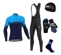 FDX Men's Classic Duo Winter Cycling Suit, Thermal, Lightweight Super Roubaix, Windproof Clothing Set, Long Sleeve Jersey with 3D Padded Bib Tight for Biking Riding, Outdoor Sports Duo (Blue),L