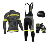 FDX Men's Classic Duo Winter Cycling Suit, Thermal, Lightweight Super Roubaix, Windproof Clothing Set, Long Sleeve Jersey with 3D Padded Bib Tight for Biking Splinter (Yellow),S