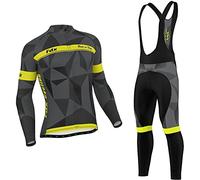 FDX Men's Classic Duo Winter Cycling Suit, Thermal, Lightweight Super Roubaix, Windproof Clothing Set, Long Sleeve Jersey with 3D Padded Bib Tight for Biking, (Black/Grey/Yellow XL)
