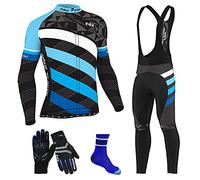 FDX Men's Winter Cycling Suit with Gloves, Socks - Italian Thermal Roubaix Windproof Equin Cycle Clothing Set - Long Sleeve Jersey, 3D Padded Bib Tight for Bicycle Riding, Outdoor Sports(Blue-M)