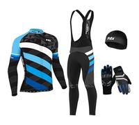 FDX Men's Winter Cycling Suit with Gloves, Socks - Italian Thermal Roubaix Windproof Equin Cycle Clothing Set - Long Sleeve Jersey, 3D Padded Bib Tight for Bicycle Riding, Outdoor Sports(Blue-2XL)