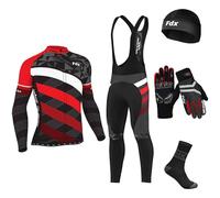 FDX Men's Winter Cycling Suit with Gloves, Socks - Italian Thermal Roubaix Windproof Equin Cycle Clothing Set - Long Sleeve Jersey, 3D Padded Bib Tight for Bicycle Riding, Outdoor Sports(Red-M)