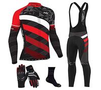 FDX Men's Winter Cycling Suit with Gloves, Socks - Italian Thermal Roubaix Windproof Equin Cycle Clothing Set - Long Sleeve Jersey, 3D Padded Bib Tight for Bicycle Riding, Outdoor Sports(Red-L)