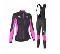 FDX Women’s Cycling Winter Kit Thermal Jersey & Bib Tights Set Padded 3D Gel Pad Italian Roubaix Fleece Lined Windproof Waterproof Breathable Cycling Suit with Reflective Details(Black/Pink, Medium)