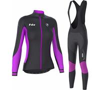FDX Women’s Cycling Winter Kit Thermal Jersey & Bib Tights Set Padded 3D Gel Pad Italian Roubaix Fleece Lined Windproof Waterproof Breathable Cycling Suit with Reflective Details(Black/Purple, Large)