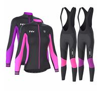 FDX Women’s Cycling Winter Kit Thermal Jersey & Bib Tights Set Padded 3D Gel Pad Italian Roubaix Fleece Lined Windproof Waterproof Breathable Cycling Suit with Reflective Details(Black/Pink, X-Large)