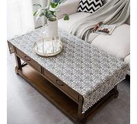 FDY MY Coffee Table Cover with Pockets and Pompom Tassel Cotton Linen Coffee Table Cloth for Living Room Anti-Wrinkle Washer Dryer Fridge Top Dust Cover (Blue and White Porcelain, 28" x 67")