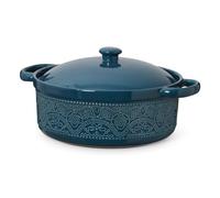 FE Casserole Dish with Lid, 2 Quart Ceramic Baking Dish, Grayish Blue | Oven to Table Round Serving Dish with Lid, Exquisite Lace Emboss Design, Gifts for Holidays, No Open Flame