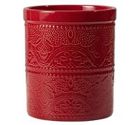 FE FUN ELEMENTS Large Kitchen Utensil Holder, 7.2'' Heavy and Stable Lace Emboss Ceramic Crock for Countertop (Red)