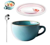 FEADBYT 700ML Ceramics Coffee Cup, Large Coffee Cup, Large Ceramic Mug, Larges Soup Bowl with Lid and Spoon, Yoghurt Bowl, Salad Bowl, Grain Bowl, Suitable for Milk, Oatmeal and Hot Tea, Bule