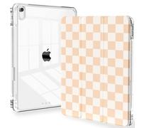 Feams Case for iPad (A16) 11th Generation 11 Inch 2025, iPad 10th Generation 10.9 Inch 2022, Slim Tri-Fold Stand Clear Back Cover with Pencil Holder & Auto Sleep, Beige Checkered