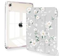 Feams Case for iPad mini 7 A17 Pro 2024/iPad Mini 6 2021, Slim Lightweight Trifold iPad mini 7 A17 Pro Case 8.3 Inch 2024 Clear Back Cover with Pencil Holder & Auto Sleep, White Flower