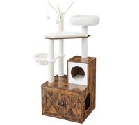 Feandrea 2-in-1 Cat Tree with Litter Box Enclosure, Scratching Posts | Farmhouse Cat Condo, Removable Pompom Sticks, Washable Cushions, Rustic Brown, HAINS Collection PCT113X01