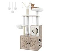 Feandrea 2-in-1 Cat Tree with Litter Box Enclosure, Scratching Posts | Modern Cat Condo, Removable Pompom Sticks, Washable Cushions, Heather Greige and Cream White, HAINS Collection PCT113G01