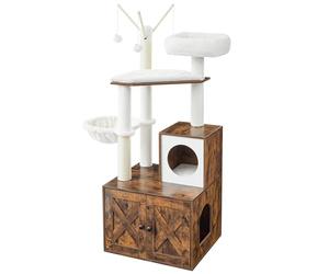 Feandrea 2-in-1 Cat Tree with Litter Box Enclosure, Scratching Posts | Modern Cat Condo, Removable Pompom Sticks, Washable Cushions, Rustic Brown and Cream White, HAINS Collection PCT113X01