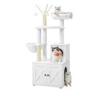 Feandrea 2-in-1 Modern Cat Tree with Litter Box Enclosure, Cat Condo with Scratching Posts, Removable Pompom Sticks, Washable Cushions, Cloud White