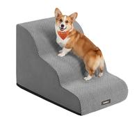Feandrea 3-Step Dog Stairs, Waffle-Patterned Corduroy Dog Steps for Bed, Sofa, Waterproof Pet Stairs with Anti-Slip Designs, Gentle Slope, Removable Washable Cover, Handle, Dove Grey PPS013GD01