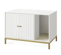 Feandrea Cat Litter Box Enclosure, Hidden Litter Box Furniture with Scratching Mat, Tall Legs, Cat House, Side End Table, 80 x 50 x 55 cm, White and Gold PCL007W01V1