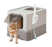FEANDREA Cat Litter Box with Lid, Covered Litter Box with Top Entry, Slide-Out Tray, Scoop, Brush, for Large Cat, Max. Load 33 lb, Anti-Tracking, Anti-Leaking, Oatmeal and Warm Gray PPT001G01