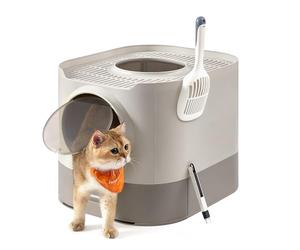 Feandrea Cat Litter Box with Lid, XL Enclosed Litter Box with Top Entry, Slide-Out Tray, Scoop, Brush, Anti-Tracking, for Cats of Different Sizes, Oatmeal and Warm Grey PPT002G01