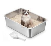 Feandrea Cat Litter Tray, High Sided, Stainless Steel | Rabbit Toilet, 50 x 35 x 15 cm, Non-Stick, Easy to Clean, For Pets, Silver, Boxal Collection, PPT016E101