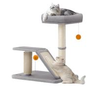 Feandrea Cat Scratching Post with Bed, Perch, Self-Groomer, Pompoms | Cat Scratcher, Small Cat Tree for Indoor Cats, Rotatable Scratching Ramp, Light Grey, CLAWFY Collection PCA024G01