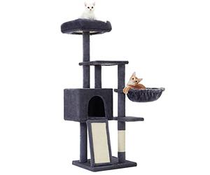 Feandrea Cat Tree, 135 cm Small Cat Tower, Multi-Level Plush Condo | Removable Washable Perch Cover, Scratching Post and Board, Basket, Cave, Smoky Gray, CLAWFY Collection PCT132G01