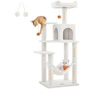 Feandrea Cat Tree, 143 cm Cat Tower for Indoor Cats, Multi-Level Plush Cat Condo with 4 Scratching Posts, 2 Perches, Cave, Hammock, Pompoms, Cream White PCT161T01