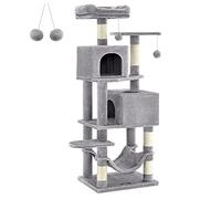 Feandrea Cat Tree, 155 cm Cat Tower for Indoor Cats, Plush Multi-Level Cat Condo with 5 Scratching Posts, 2 Caves, Hammock, 2 Pompoms, Light Grey PCT192W01