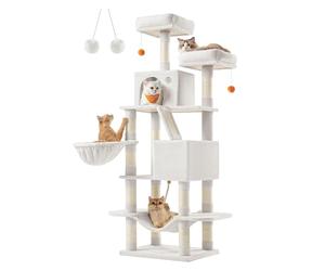 Feandrea Cat Tree, 165 cm L Cat Tower with 13 Scratching Posts | Multi-Level Plush Cat Condo, 1 Scratching Ramp, 2 Perches, 2 Caves, Basket, Hammock, Pompoms, CLAWFY Collection PCT165T01
