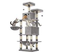 Feandrea Cat Tree, 168 cm Large Cat Tower Condo with 13 Scratching Posts, 1 Scratching Ramp, 2 Perches, 2 Caves, Basket, Hammock, Pompoms, Light Grey PCT165W01V1