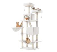 Feandrea Cat Tree, 168 cm Large Cat Tower Condo with 13 Scratching Posts, 1 Scratching Ramp, 2 Perches, 2 Caves, Basket, Hammock, Pompoms, Cream White PCT165T01V1