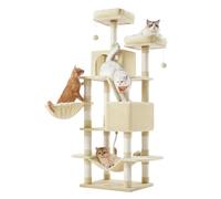 Feandrea Cat Tree, 168 cm Large Cat Tower Condo with 13 Scratching Posts, 1 Scratching Ramp, 2 Perches, 2 Caves, Basket, Hammock, Pompoms, Beige PCT165M01V1