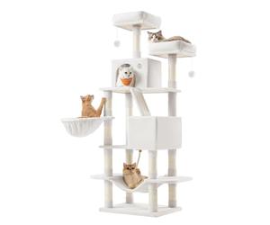 Feandrea Cat Tree, 168 cm Large Cat Tower Condo with 13 Scratching Posts, 1 Scratching Ramp, 2 Perches, 2 Caves, Basket, Hammock, Pompoms, Cream White PCT165T01V1