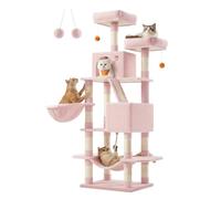 Feandrea Cat Tree, 168 cm Large Cat Tower with 13 Scratching Posts, 1 Scratching Ramp, 2 Perches, 2 Caves, Basket, Hammock, Pompoms, Multi-Level Plush Cat Condo for Indoor Cats, Jelly Pink PCT165P01