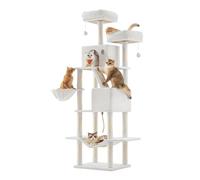 Feandrea Cat Tree, 206 cm Large Cat Tower Condo with 13 Scratching Posts, 1 Scratching Ramp, 2 Perches, 2 Caves, Basket, Hammock, Pompoms, Cream White PCT190T01V1