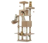 Feandrea Cat Tree, 206 cm Large Cat Tower Condo with 13 Scratching Posts, 1 Scratching Ramp, 2 Perches, 2 Caves, Basket, Hammock, Pompoms, Camel Brown PCT190K01V1
